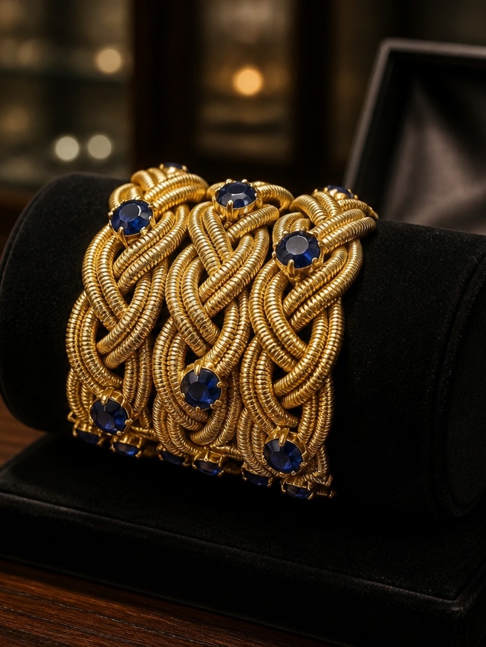 Catwalk Jon Statement Woven Gold Cuff Bracelet Safire Blue Gems NWT